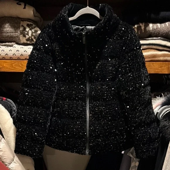 Black Sequin Puffer Jacket - Picture 2 of 4